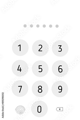 Minimalist numeric keypad design for a login or security screen with circles, X delete button, and fingerprint icon.