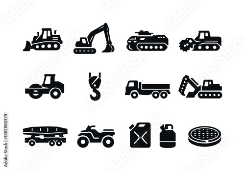 Engineering Vehicles Icons. Sapper. Solid icon set of engineering vehicles: bulldozer, excavator arm, armored engineer vehicle, mine-clearing plow, roller