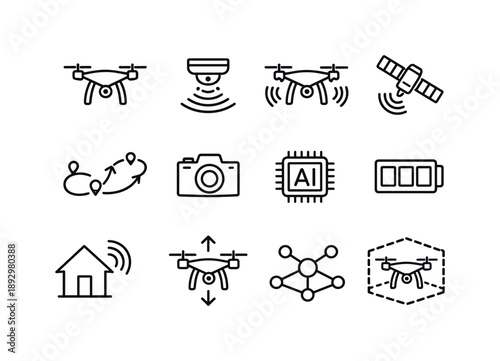 Autonomous Drone Icons. Autonomous drones. Line icon set of Autonomous drones: autonomous quadcopter, navigation sensors, obstacle avoidance radar, GPS