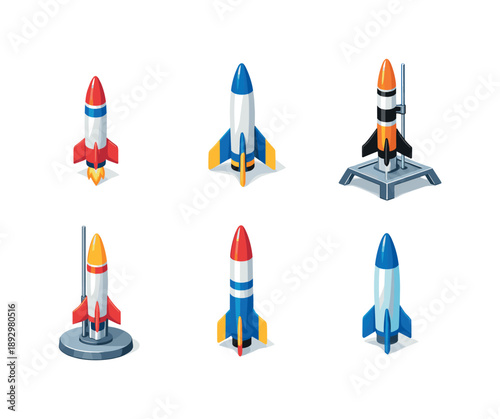 Colorful Model Rockets. Model Rockets. Isometric flat vector icons set of Model Rockets: small scale rocket, rocket with fins, launch-ready model, rocket on