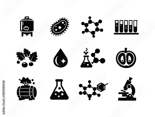 Wine Chemistry Icons. Wine science. Solid icon set of wine science: fermentation tank, yeast cell, sugar molecule, acidity scale, tannin icon, pH droplet,