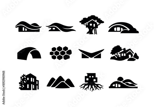 Nature-Inspired Architecture Icons. Nature-inspired architecture. Solid icon set of Nature-inspired architecture: organic roofline, flowing