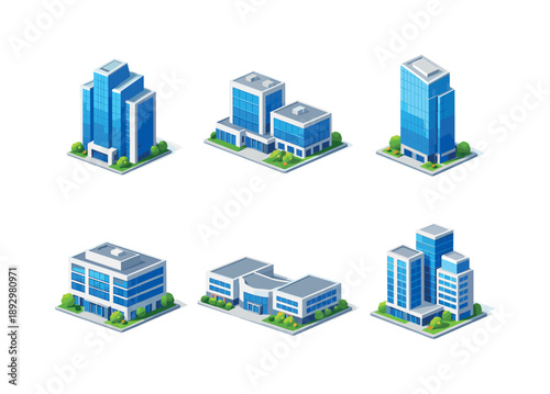 Corporate Buildings Grid. Corporate building. Isometric flat vector icons set of Corporate building: modern office tower, corporate headquarters building,
