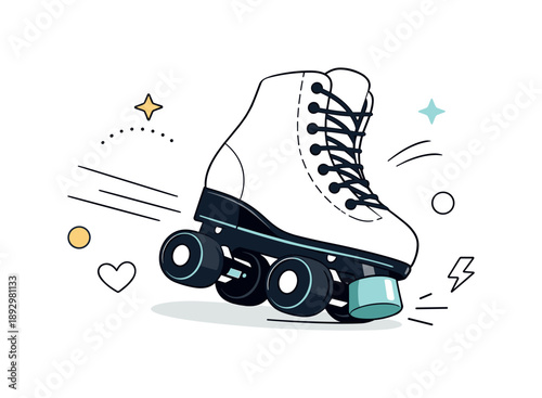 Minimalist Roller Skate. Minimal roller skate detail scene. Single skate angled to emphasize the toe stopper, with abstract lines suggesting motion and