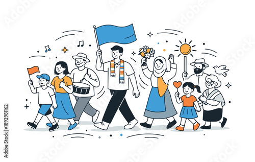 Cultural Parade Celebration. Cultural celebration illustration. A parade-like scene with people carrying small flags or symbolic objects. Community spirit,