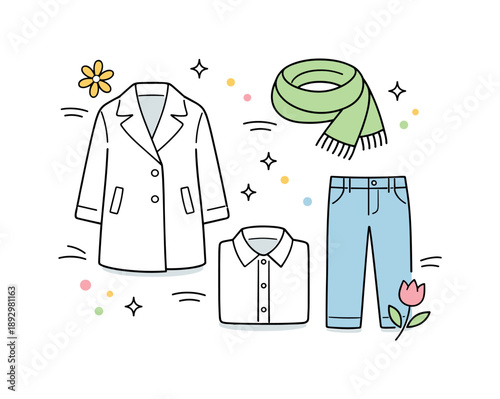 Spring Wardrobe Icons. Spring wardrobe planning icons. A flat lay style composition with icons of light coat, scarf, shirt and trousers, abstract flowers and