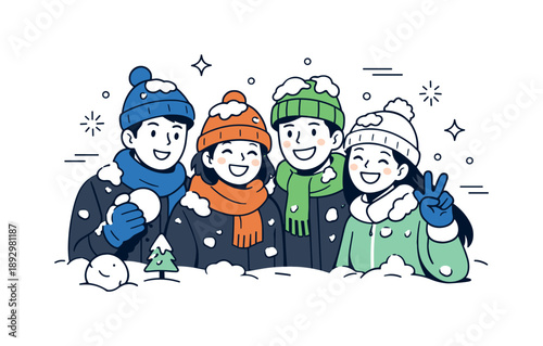 Winter Fun Pause. Snowball fight celebration. Group pausing after play, smiling and covered with a bit of snow. Relaxed joy, warmth and shared winter