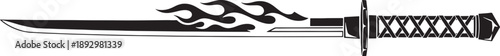 Black and white sketched katana sword with flame and geometric handle pattern