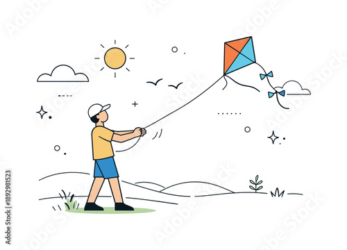 Kite Flying Serenity. Summer outdoor fun. A person flying a kite in an open field, arms stretched and wind gently pulling. Calm joyful motion, quiet connection