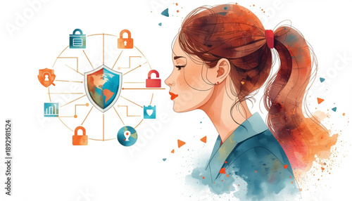 Woman with a secure network and shield icons around her head, symbolizing cybersecurity and data protection concepts womens day