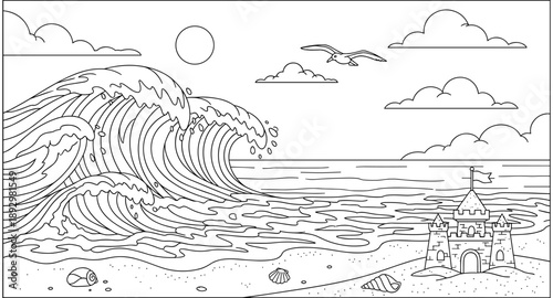 Stylized line art of crashing ocean waves, a sandcastle, and a seagull under a sun