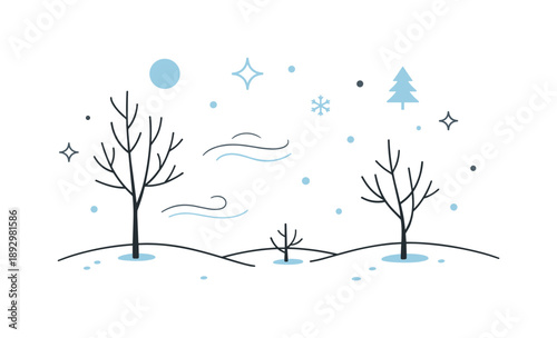 Calm Winter Scene. Winter seasonal concept illustration. Minimal editorial scene with soft snow-covered ground, bare trees and subtle air movement, calm and