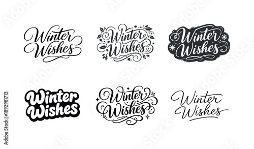 Winter Wishes Variations. Winter wishes script lettering. Set lettering. harmonious lettering variations of the same emblematic concept, each with different