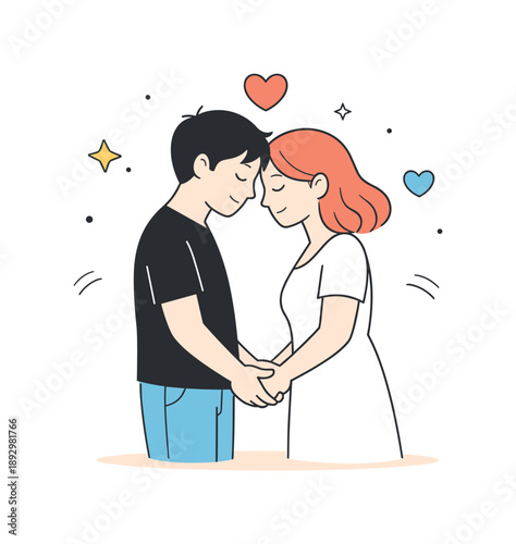 Tender Connection Poster. Romantic couple poster. Two minimal characters standing close, holding hands or sharing a quiet moment. Tender connection, trust and