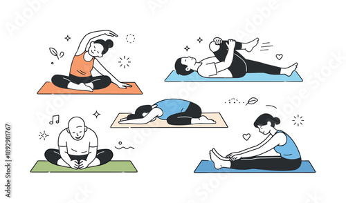 Gentle Yoga Flow. Yoga session stretching. Participants sitting or lying on mats doing gentle stretches and slow transitions. Physical release and body