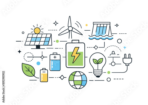Eco-Tech Harmony. Renewable energy innovation. Abstract energy icons, batteries, and eco symbols connected together, calm futuristic optimism. Friendly