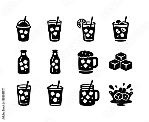 Iced Drink Icons. Iced drinks. Solid icon set of iced drinks: iced coffee cup, iced tea glass, lemon iced water, iced fruit tea, cold brew bottle, iced cola,