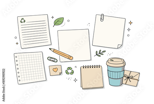 Sustainable Paper Design. Recycled paper flat lay. Top view of paper sheets spread slightly apart, soft texture hints and clean layout. Sustainable office