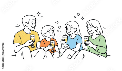 Family Toast Celebration. Family toasting with sparkling juice memory. Family relaxing after the toast with glasses in hand. Calm happiness and warm family