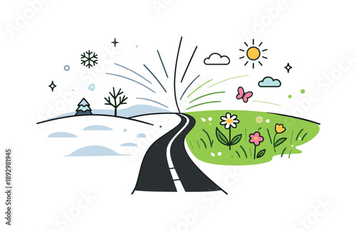 Seasonal Transition. Season contrast concept. A minimal path dividing snow-covered ground and fresh spring meadow, with soft motion lines indicating