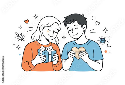 Heartfelt Gift Exchange. Friends exchanging handmade gifts gratitude. Friends holding gifts close and smiling with appreciation, calm and intimate mood.