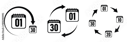 Comprehensive set of black and white icons representing diverse recurring billing cycles, monthly subscription schedules, and automated payment renewal processes.