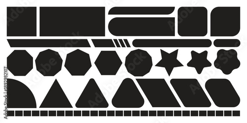 Versatile Collection of Black Minimalist Geometric Shapes and UI Design Elements Including Rectangles, Polygons, Stars, and Rounded Silhouette Vector Components.