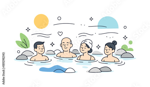 Hot Springs Harmony. People at hot springs moment. Group enjoying a peaceful pause in the water, sense of balance and well-being with abstract decorative
