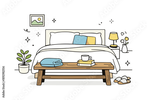 Cozy Bedroom Retreat. Rustic wooden bench at the foot of the bed. A cozy bedroom scene with a simple wooden bench placed neatly at the end of the