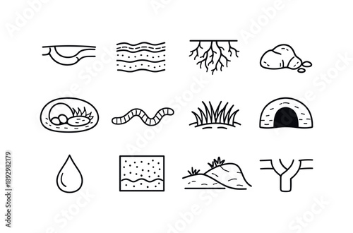 Mole Habitat Icons. Mole habitat. Line icon set of Mole habitat: underground tunnel, soil layers, roots, small rock, burrow chamber, earthworm, grass patch,