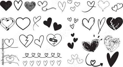 Hand Drawn Heart Doodle Collection in Black and White Line Art Style