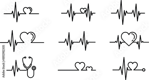Black line medical with hearts and stethoscopes on ecg waveforms