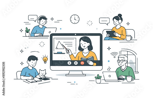 Virtual Classroom Dynamics. Teacher and students online class. Teacher teaching through a screen while students join from different locations. Modern digital