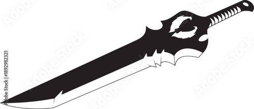 Black and White Sketched of a Whisk Shaped Sword with Detailed Handle