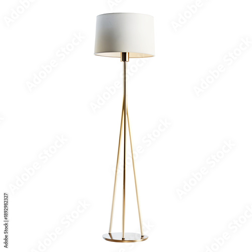 Contemporary Brass Standing Lamp with White Shade PRODUCT on White Background