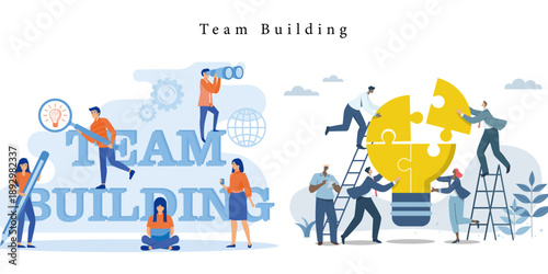 Team Building and Collaboration Concept Vector Giant Typography and Puzzle Piece Lightbulb Assembly Scenes