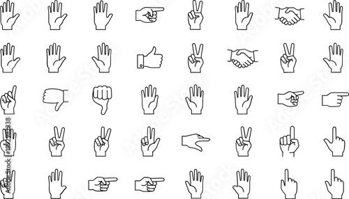 Black line of various hand gestures on white background hands signs