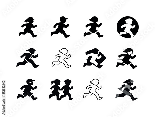 Playful Children Logos. Children running. Icon set. Set Logo of children running: playful child silhouette in motion. harmonious logo variations of the same