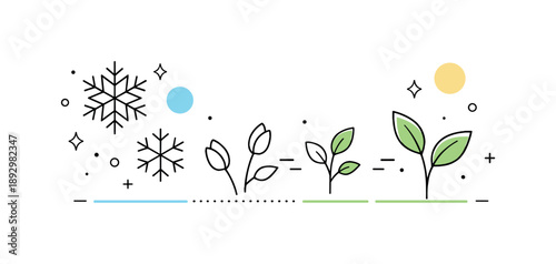 Nature's Abstract Evolution. Nature-inspired abstraction. Minimal symbols of snowflakes fading into buds and leaves within a balanced geometric layout. Quiet