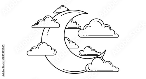 Stylized crescent moon surrounded by fluffy clouds in a minimalist line art design