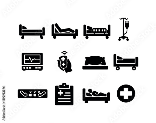 Medical Bed Icons. Medical Bed. Solid icon set of Medical Bed: hospital bed, adjustable bed, side rails, IV stand, patient monitor, nurse call button, pillow