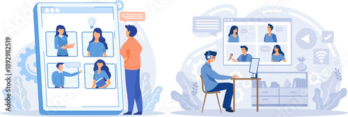 Remote Collaboration and Video Conference Vector Mobile and Desktop Virtual Meeting Scenes with UI Icons