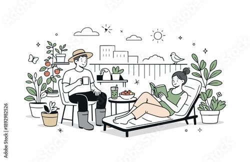 Balcony Garden Serenity. Balcony gardening people. A relaxed scene of people sitting among lush balcony plants after gardening, enjoying fresh air, growth, and