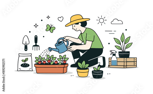 Urban Gardening Tools. Urban gardening tools. Person watering plants using basic tools and pots. Hands-on care and mindful interaction with greenery.