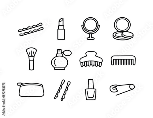Beauty Accessory Icons. Beauty accessories. Line icon set of Beauty accessories: hairpin, lipstick, mirror, compact powder, makeup brush, perfume bottle, hair
