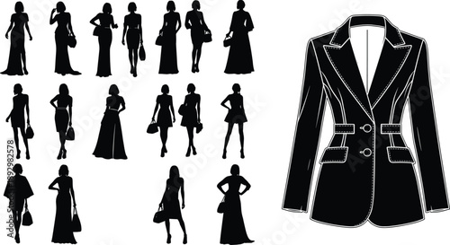 Black silhouettes of women in various dresses and a black jacket