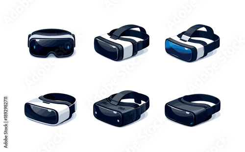 Virtual Reality Icons Grid. Virtual Reality. Isometric flat vector icons set of Virtual Reality: VR headset front view, VR headset side view, VR headset with