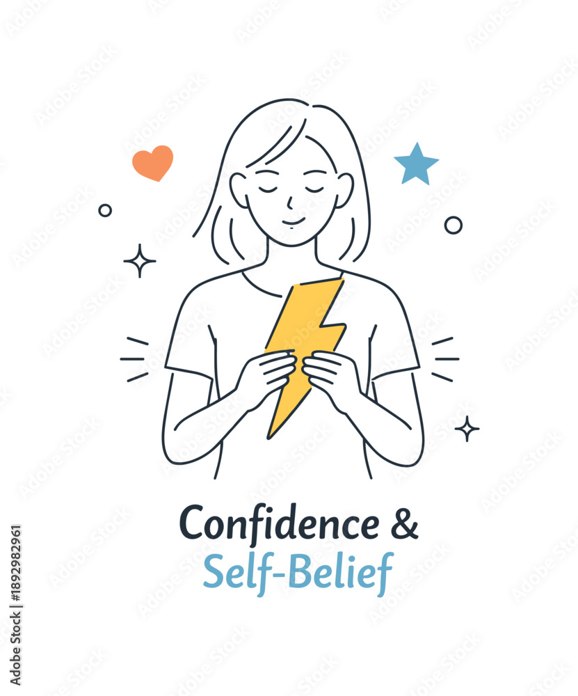 Obraz premium Empowered Minimalist Poster. Girl Power Minimal Poster ? Confidence and Self-Belief. A young woman calmly holding a symbolic lightning bolt or heart icon,