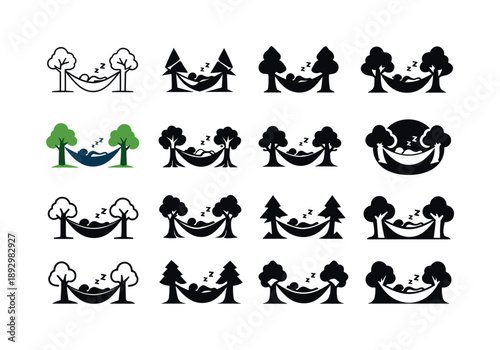Hammock Sleep Icons. A person drifting off to sleep in a hammock. Icon set. Set Logo of a person drifting off to sleep in a hammock: hammock between two trees.