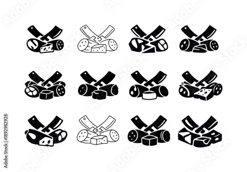 Charcuterie Icon Set. charcuterie. Icon set. Set Logo of charcuterie: rustic butcher emblem. harmonious logo variations of the same emblematic concept, each